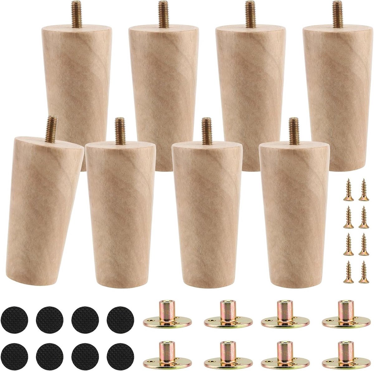 Set van 8 Houten Meubelpoten van 10 cm met Montageplaten en Schroeven, Vervangende Poten voor Stoelen, Tafels en Banken