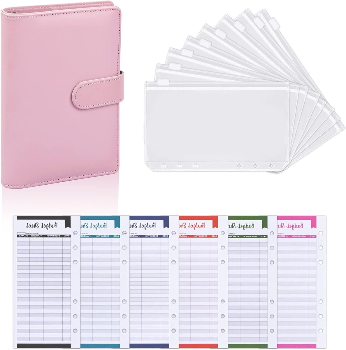 A6 PU Leren Ringband Budget Planner Organizer Notebook Set met Transparante Enveloppen en Budgetbladen voor Geldbesparing (Roze)