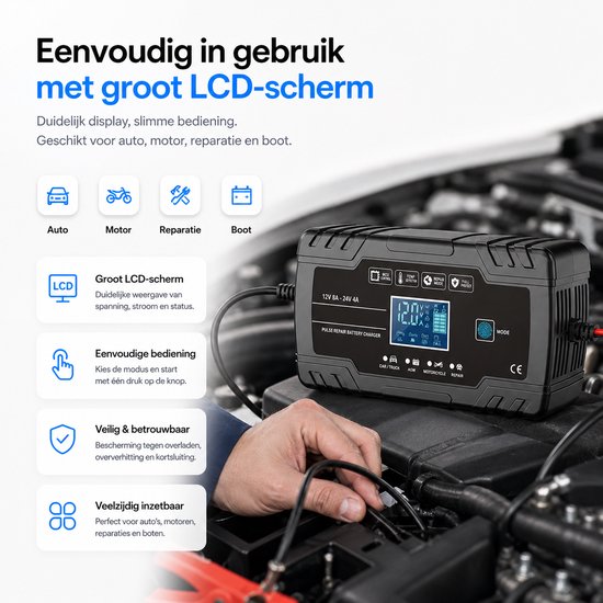 Sounix Acculader - 12/24V - 8A/4A - 96W - Accu Lader voor Auto / Motor / Scooter / Boot / Camper - Zwart