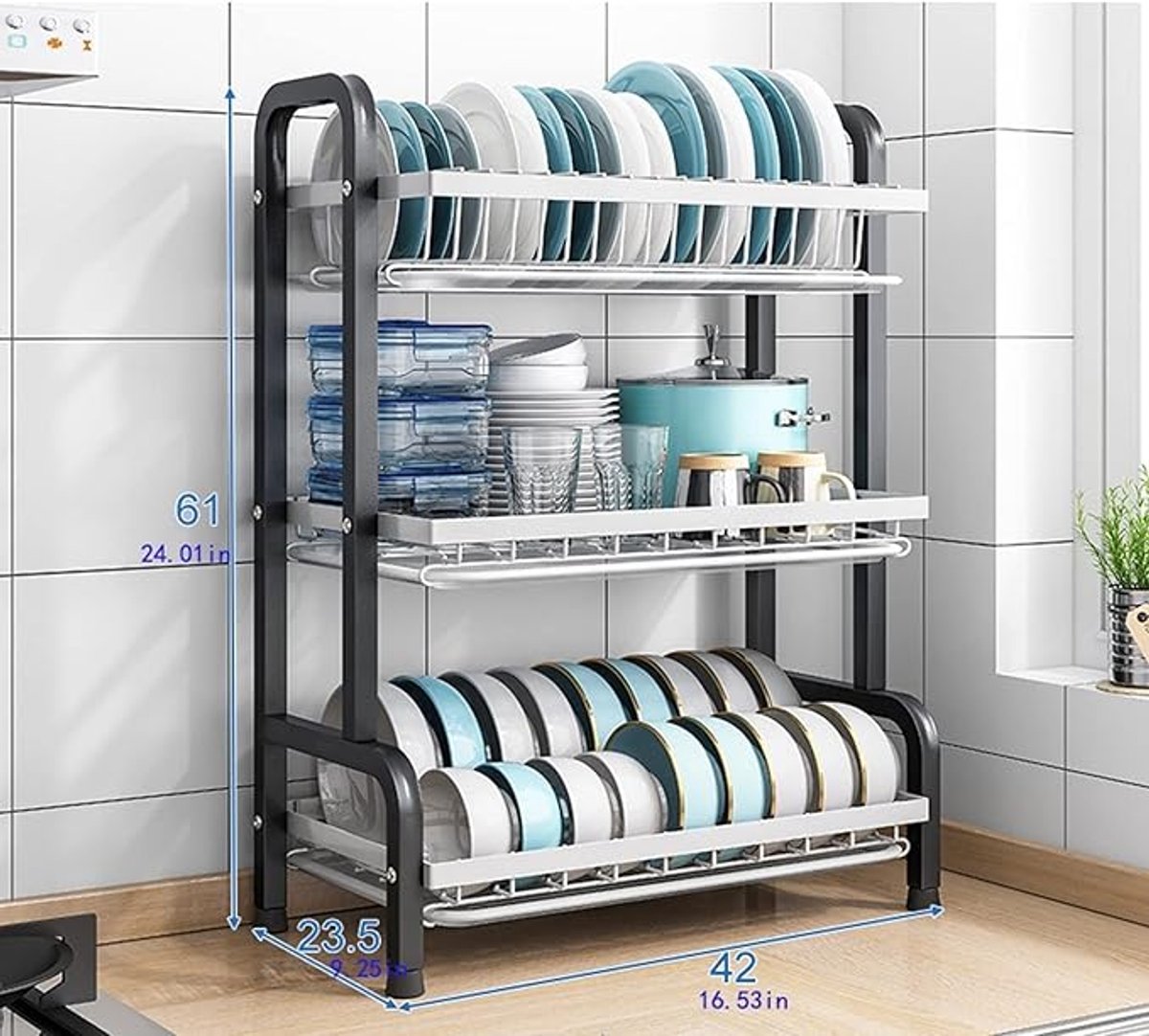 Afdruiprek Keuken Afdruiprek voor Borden en Bestek – Multifunctioneel Keuken Afdruiprek met Druipbak, Ruimtebesparend Droogrek voor Gootsteen, Carbon Staal Stevig Ontwerp