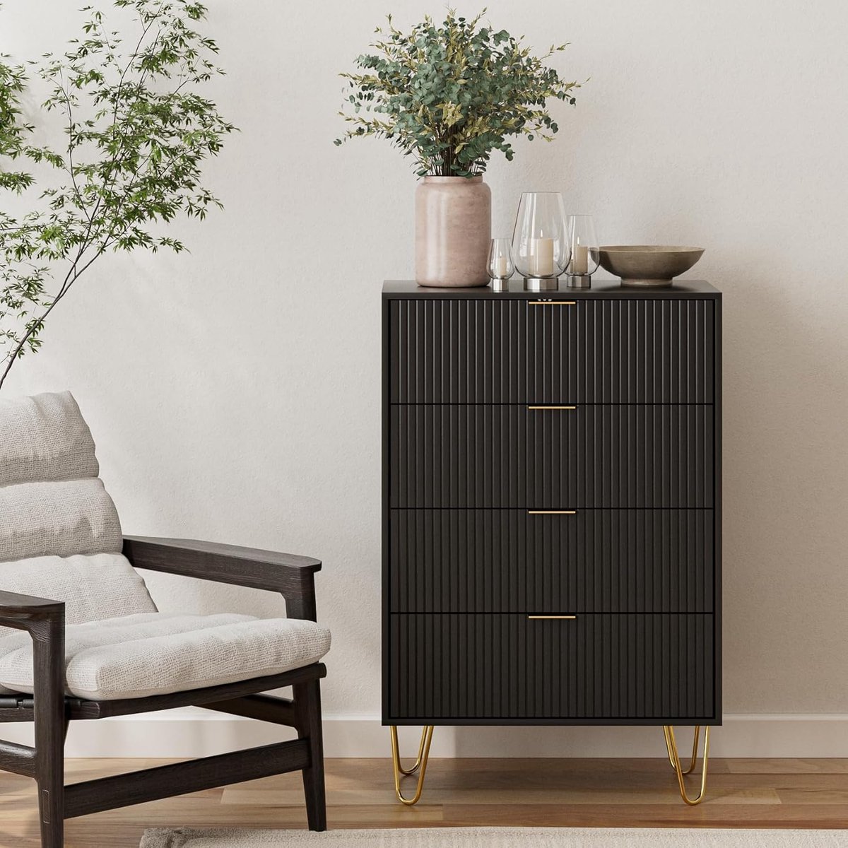 Commode 60x34x91 cm – Zwarte Ladekast met 4 Lades en Gouden Poten – Modern Luxe Dressoir voor Slaapkamer, Woonkamer en Hal – Dader