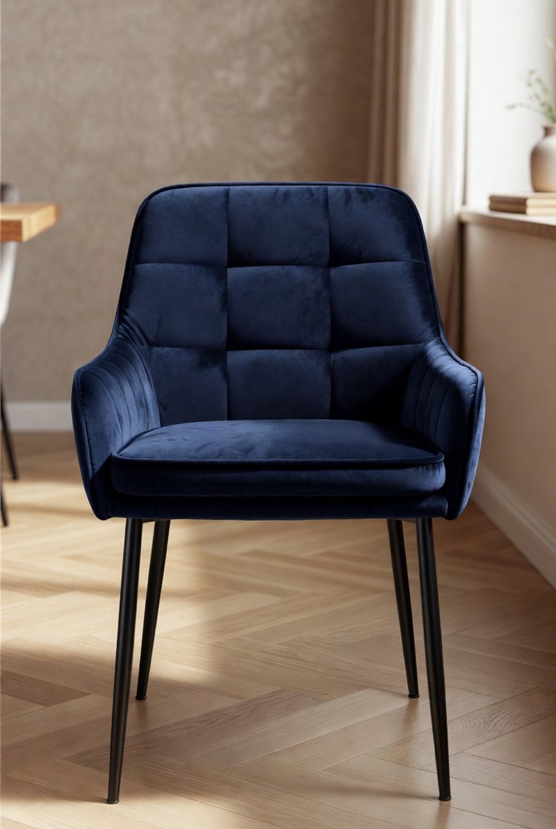 Set van 6 Luxe Fluwelen Eetkamerstoelen Zwart met Armleuningen – Ergonomische Design Keukenstoelen & Woonkamer Fauteuil Stoelen – Modern Retro Gestoffeerde Stoelen met Metalen Poten – Ganeey