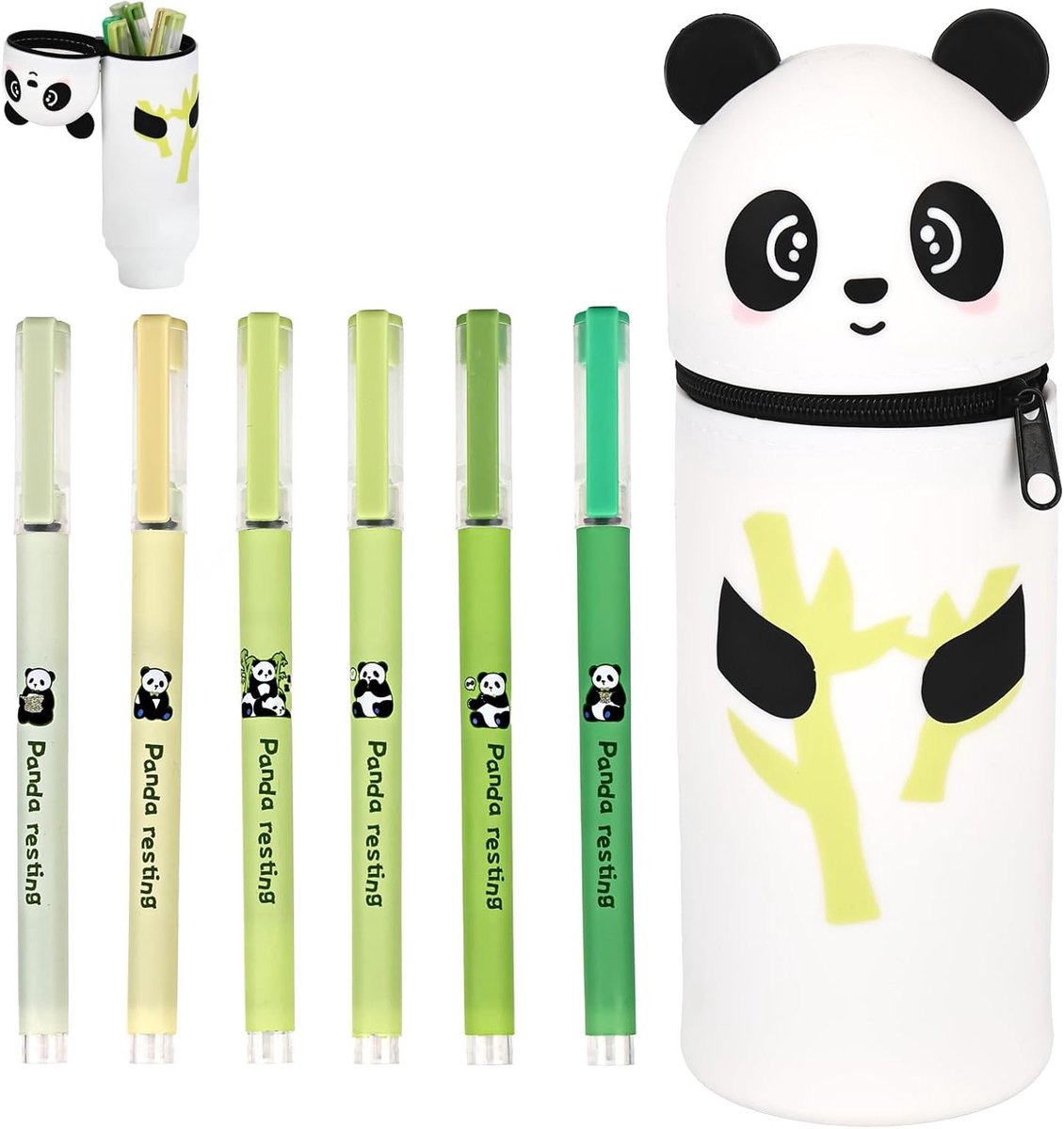 Kawaii Panda Pennenhouder met 6 Balpennen en Siliconen Zipper, Schattige Organizer voor School en Kantoor, Zwart-Wit Design