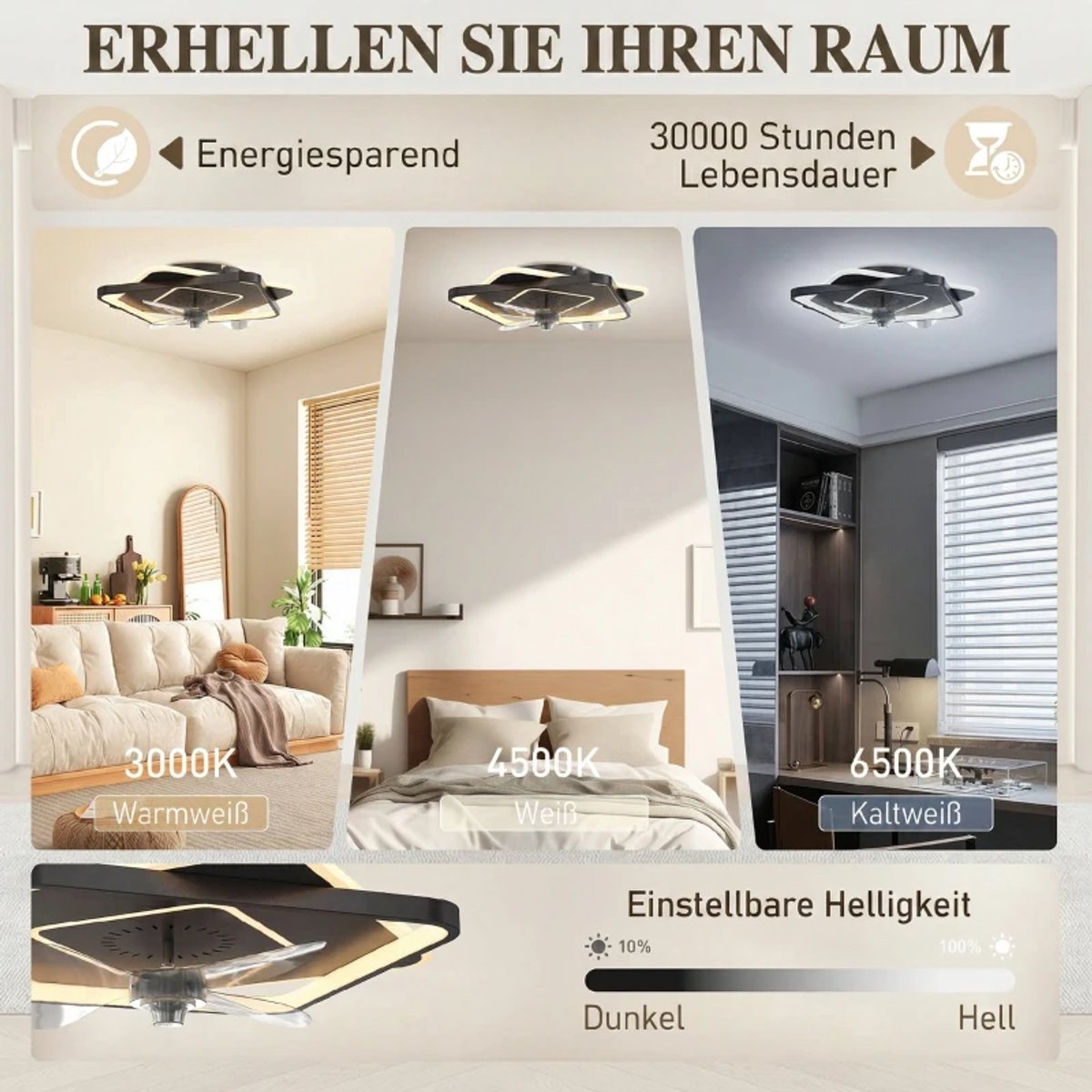 Plafondventilator met Verstelbare LED Verlichting, Timer & Afstandsbediening - Plafond Lamp met Stille Ventilator - Plafonniere - LED - 3000/4500/6500K - Ø53 cm - 6 Snelheden - Zwart + Doorschijnend + Transparant thumbnail 6