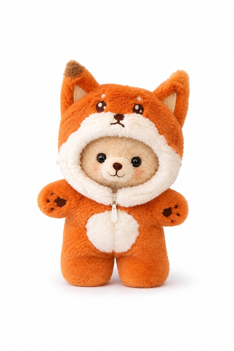 Poppenkleertjes voor 17cm pop of knuffel - Oranje vos onesie - Kleding voor designer modepop - Pluchen outfit met rits - Cadeauzakje