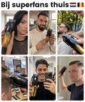 Verschillende personen die de zwarte en gouden tondeuse vasthouden en gebruiken. Vrouwen en mannen tonen de tondeuse thuis.