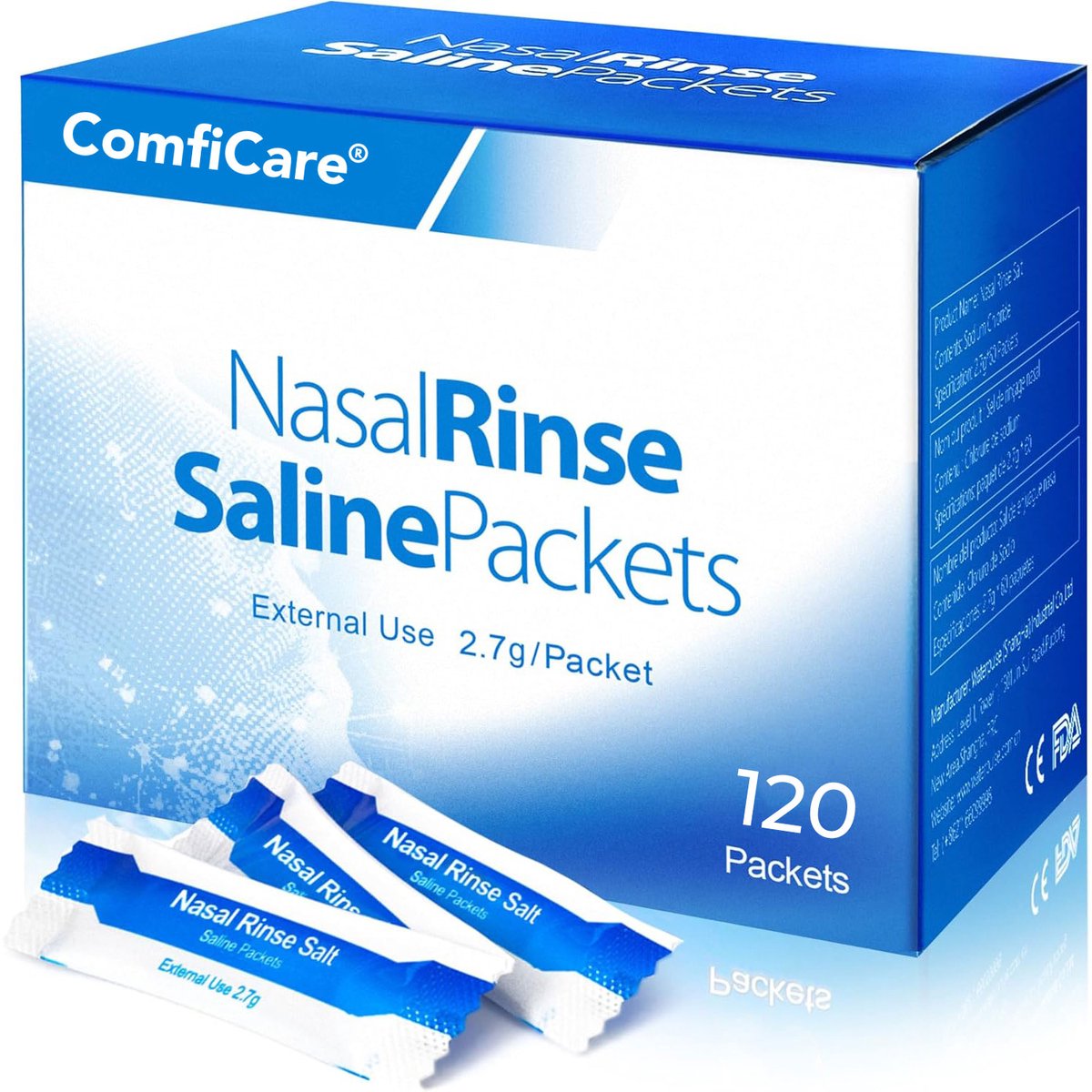 ComfiCare® Neus spoelzout 120 zakjes – Nasaal spoelzout – Spoelzout neus – Neus zout – Neuszout voor neusdouche – Nasal rinse salt – Zoutoplossing neus – Neusspoelzoutzakjes van 2,7 gram fijn zout