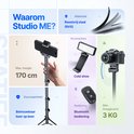 Roestvrij staal Studio ME statief van 170 cm, met telefoonhouder, cold shoe bevestiging en Bluetooth bediening.