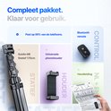 Een compleet pakket met een 170 cm statief, telefoonhouder en Bluetooth afstandsbediening.