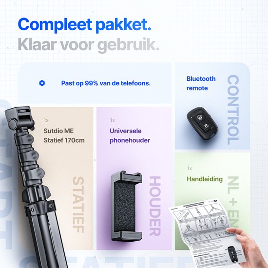 Een compleet pakket met een 170 cm statief, telefoonhouder en Bluetooth afstandsbediening.