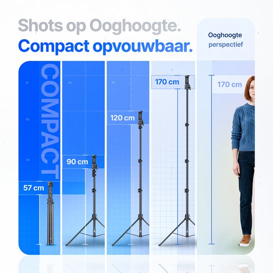 Een vrouw staat naast een Studio ME statief dat volledig is uitgeklapt tot 170 cm.