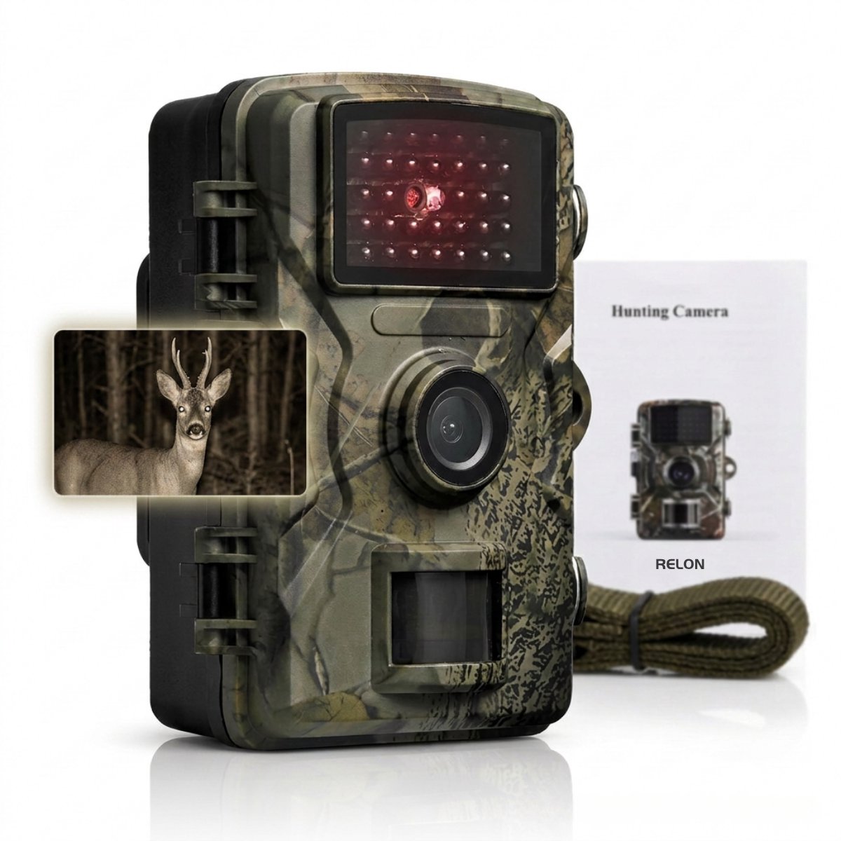 Relon Wildlife Camera - 1080P HD Jachtcamera met Nachtzicht - Wildcamera met Bewegingsdetectie - 120° Groothoek - Waterdicht - Camouflage