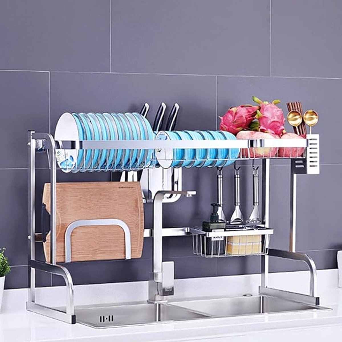 Afwasrek voor Spoelbak 65,5–91 cm – Verstelbaar RVS Over-de-Gootsteen Afdruiprek met Bestekhouder, Messenhouder, Snijplankhouder & 5 Haken – Ruimtebesparend Keukenrek Organizer