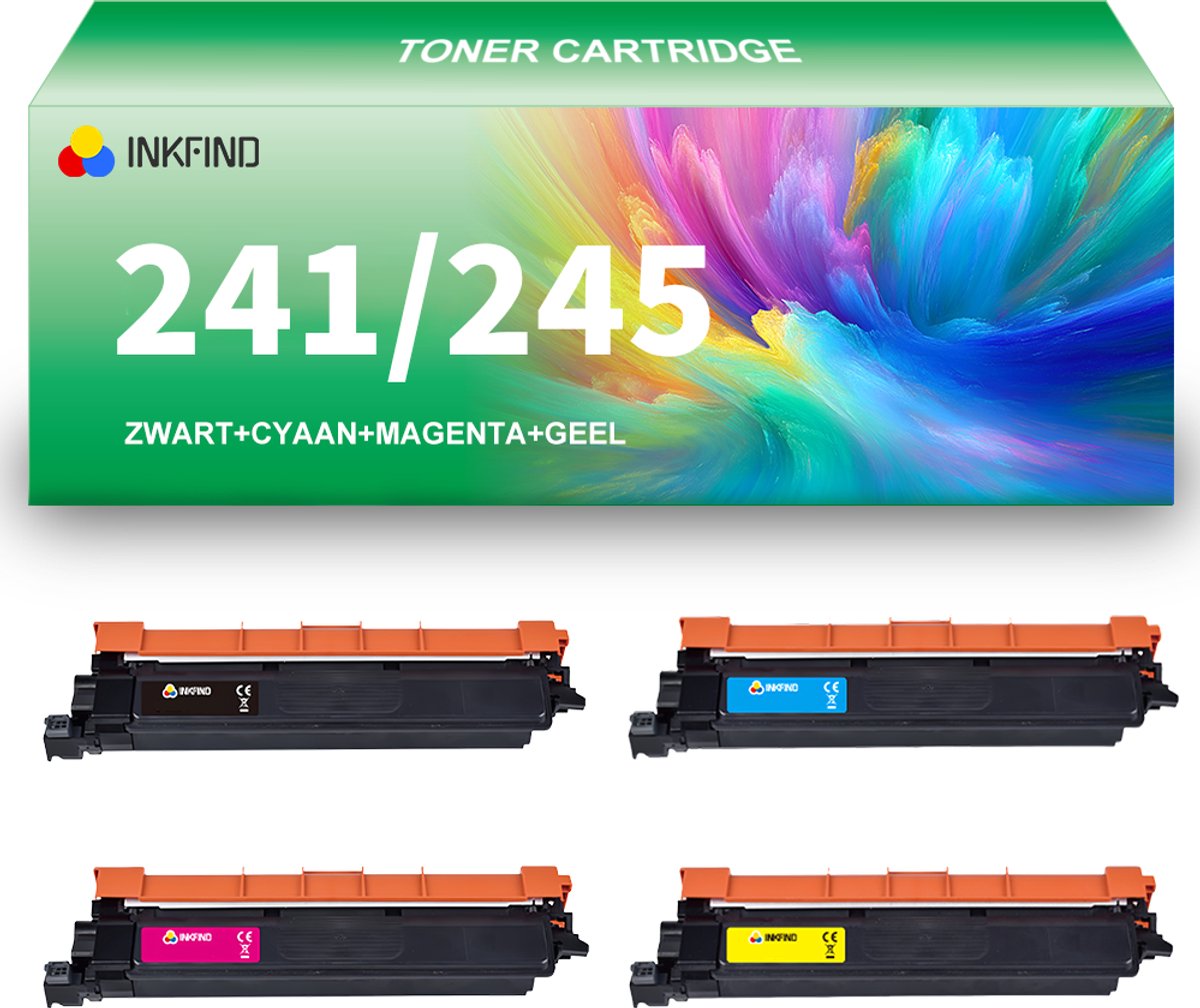 INKFIND TN241/TN245 tonercartridge extra hoge capaciteit multipack van 4 stuks (Zwart+Cyaan+Magenta+Geel) compatibel met Brother TN241 TN245 TN-241BK/TN-245C/245M/245Y voor Brother HL-3140CW/3150CDW/3170CDW/MFC-9130CW/9140CDN/9330CDW/9340CDW - 4-pack