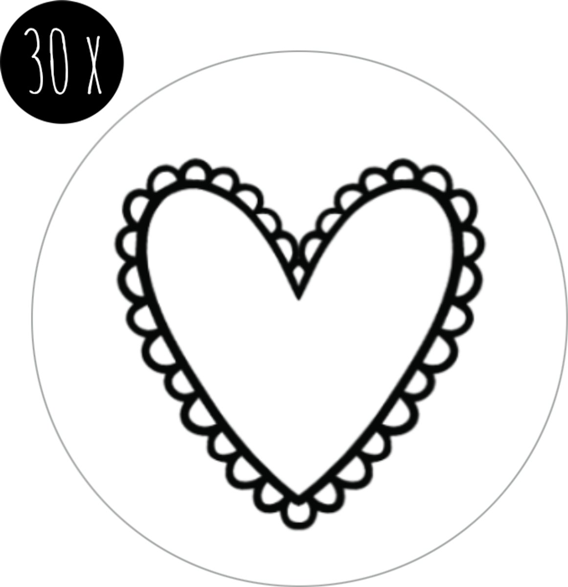 30x Stickers / Sluitstickers | HARTJE | boho | 35 mm | wit & zwart | huwelijk / trouwfeest / trouwkaart