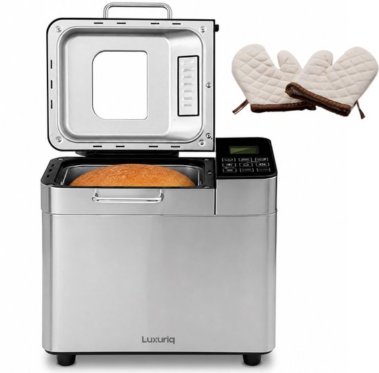 Luxuriq Broodbakmachine - Warmhoudfunctie & Timer - 25 programma’s - 500/750/1000 gram - PFAS vrij - Glutenvrij programma - Noten/fruit dispenser - Broodmachine - 600W - RVS + Ovenhandschoenen