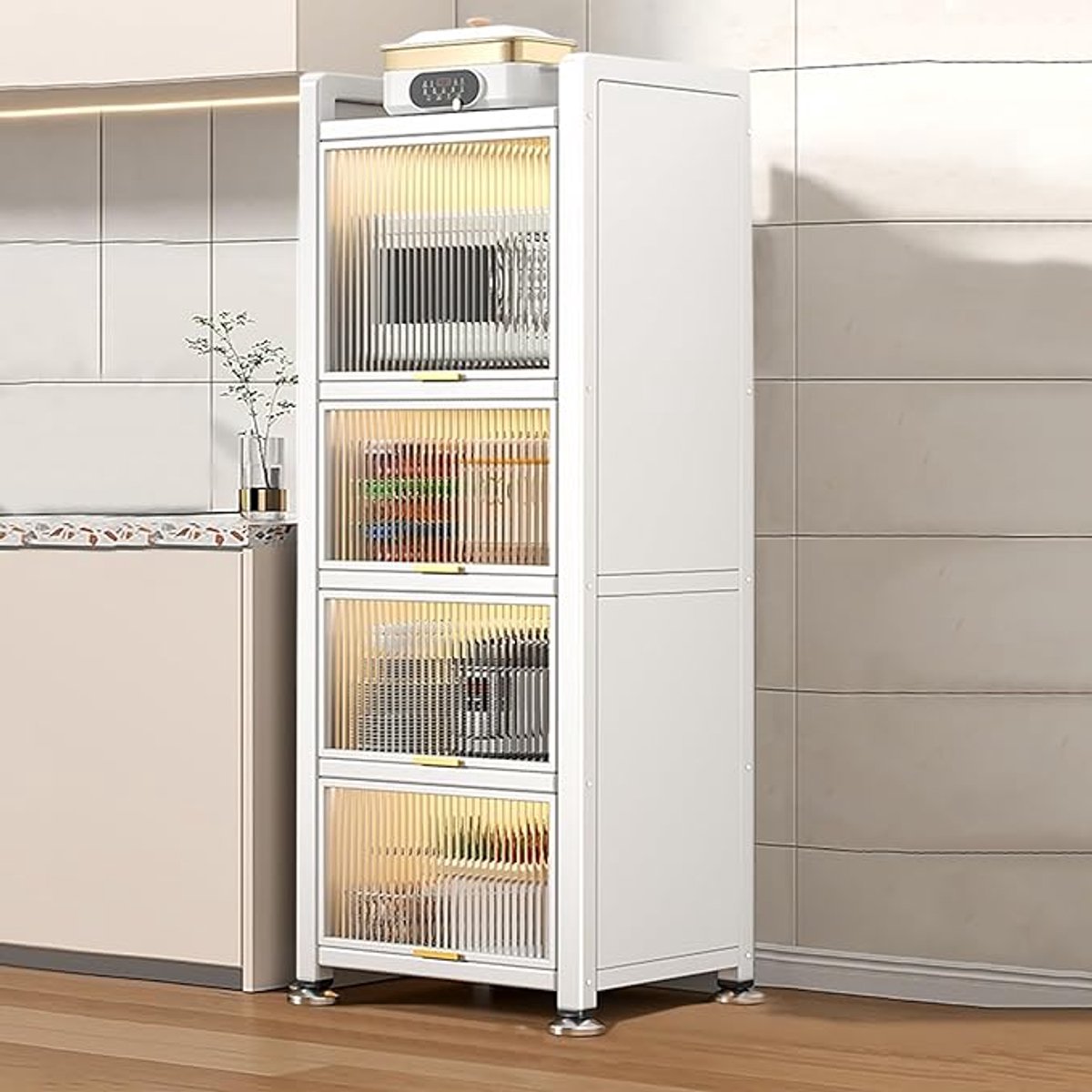 Keuken opbergrek / Keukenkast met transparante deur 40 x 154 x 36 cm – vrijstaande metalen Baker’s Rack, carbon steel, multifunctioneel pantry & keuken organizer, modern opbergkast