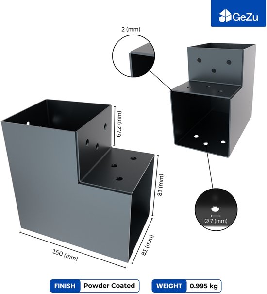 Gedetailleerde tekening van een antracietgrijze L-vormige paalverbinder met afmetingen: 150 mm, 81 mm, 67.2 mm, 2 mm dikte. Diameter schroefgat: 7 mm. Finish: Powder Coated. Gewicht: 0.995 kg.