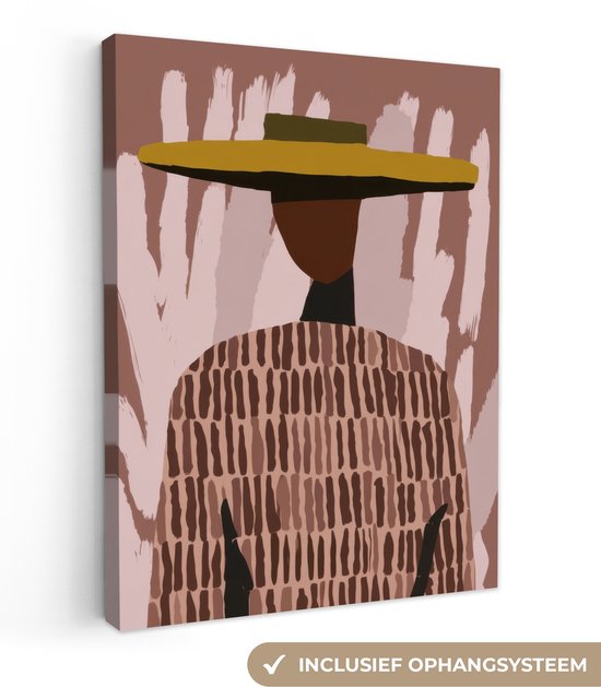Canvas schilderij van een figuur met hoed, inclusief ophangsysteem.