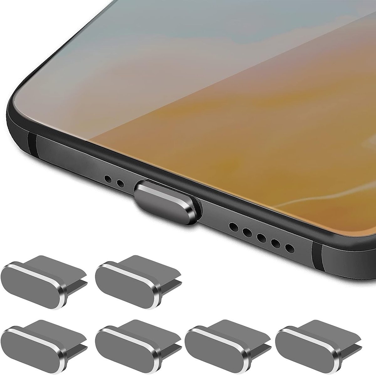Type C Anti-Dust Plug Set - 6 Stuks Aluminium USB C Beschermkapjes voor Oplaadpoort en Laptop - Grijs