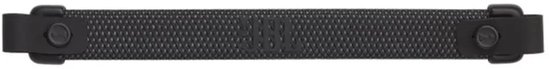 Sangle de transport noire avec une texture en tissu et des boucles noires des deux côtés.