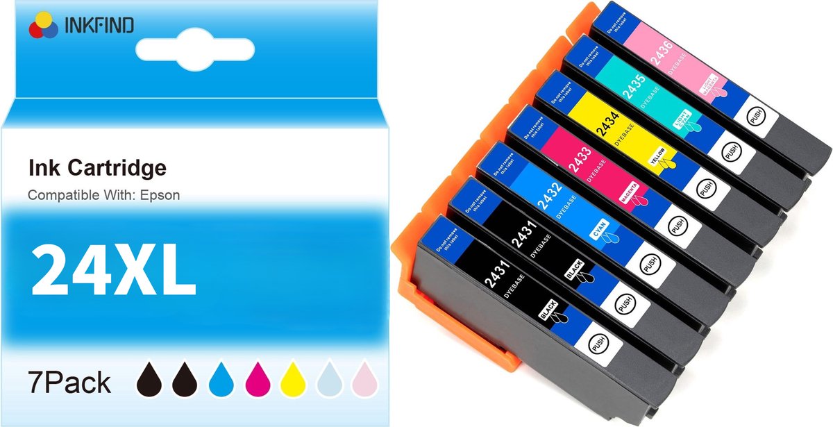 INKFIND 24XL inktcartridge 7 Pack (Zwart*2+Cyaan+Magenta+Geel+Licht Cyaan+Licht Magenta) compatibel met Epson T2431/T2432/T2433/T2434/T2435/T2436 voor Epson Expression XP-55 XP-750 XP-760 XP-850 XP-860 XP-950 XP-960 XP-970-7-pack
