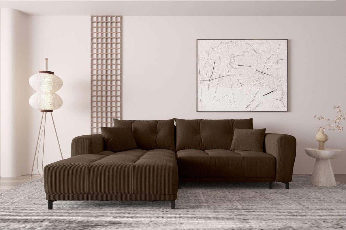 Luxe Corduroy Hoekbank met Slaapfunctie en Ottoman Links 258 x 181 cm – Modern Design, Ruime Ligfunctie 123 x 212 cm, Comfortabele Zitdiepte 58 cm, Sterk Metalen Onderstel