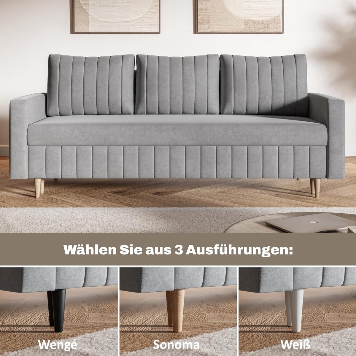 Luxe 3-Zits Slaapbank 215 cm met Pocketvering H3, Fluwelen Sofa met Opbergbox en Uitklapbare Bedfunctie – Modern Design Groen