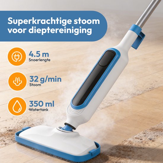 Wit met blauwe stoomreiniger met 4.5m snoer, 32 g/min stoom en 350ml watertank.