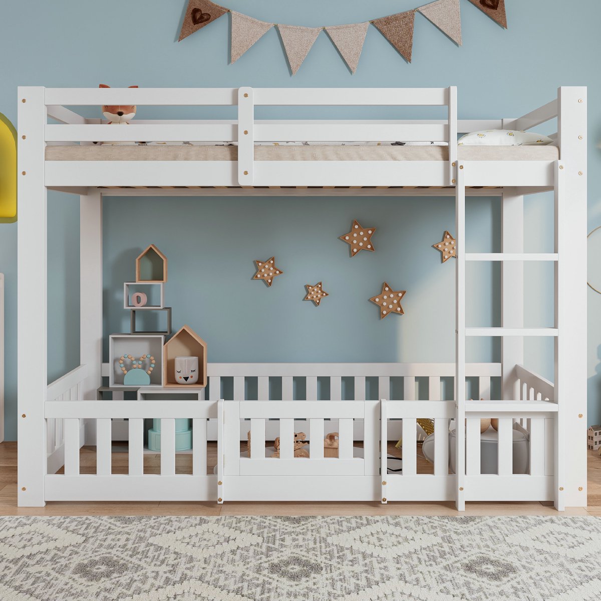 VVBV Stapelbed 90x200 – Kinderstapelbed met Trap en Veiligheidshek – Grenenhout – Wit – Opbergruimte – Lattenbodem – Zonder Matras