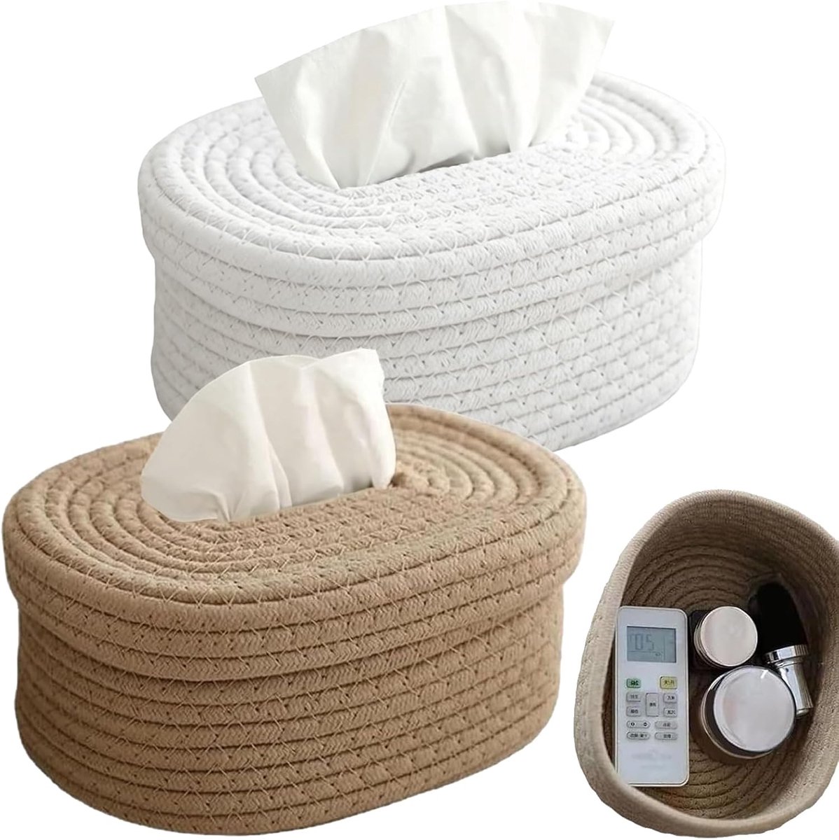 JeiibrZui Handgemaakt Katoen Touw Tissuebox Set - 22x16x10cm - 2 Stuks Decoratieve Doosjes - Khaki en Wit voor Badkamer, Slaapkamer en Kantoor