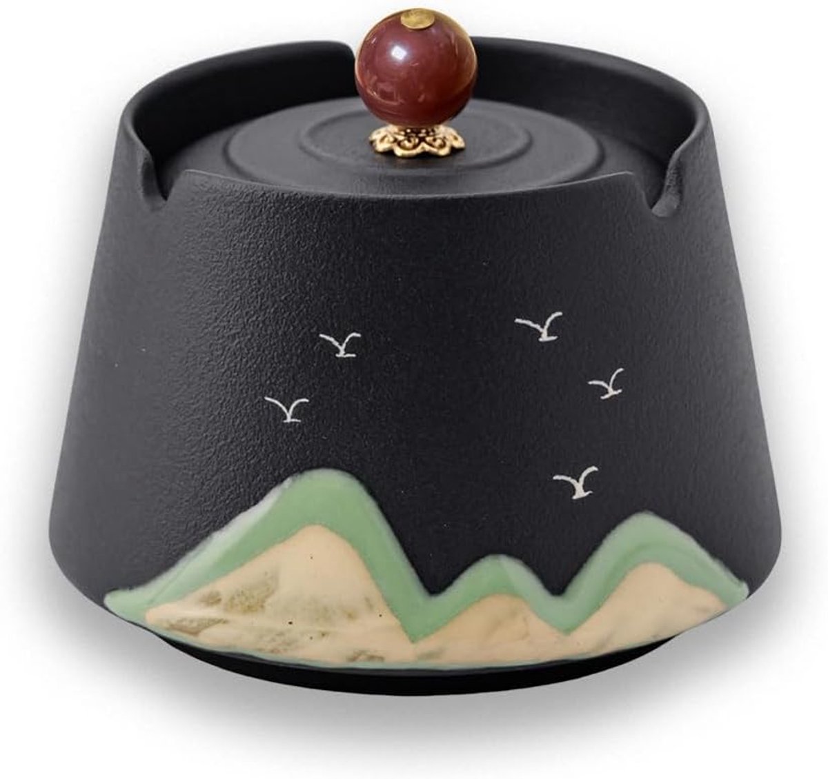 JeiibrZui Mountain View - Keramische Cylinderset - 9,3x8cm - 1 Stuks Met Deksel - Zwart - Windschutz En Decoratie Voor Binnen En Buiten