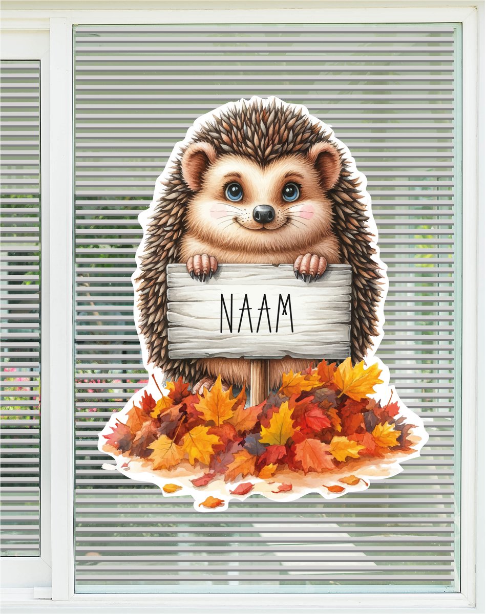 StudioJitske | geboortebord | raambord | raamsticker 80cm | egel, herfstbladeren met houten bord met naam