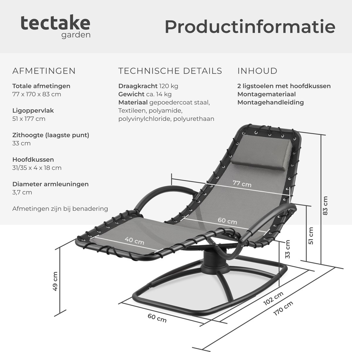 tectake® Ligstoel Toulon - Set van 2 - Ergonomische Tuinstoelen met Schommelfunctie - Zero Gravity Ligbedden voor Tuin, Terras en Balkon - Relaxstoelen met Hoofdkussen en Comfortabele Armleuningen - Ligstoelen - 120kg Draagkracht - Grijs – foto 7
