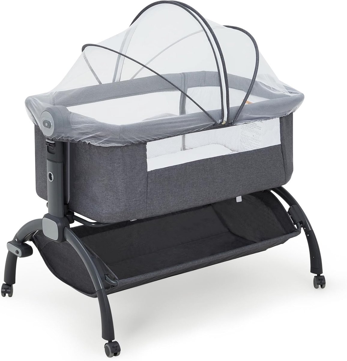 Co-Sleeper Aanschuifbedje met Wieltjes & Klamboe - In Hoogte Verstelbaar Babybedje incl. Opbergruimte - Wasbare Bekleding - Ademend Mesh