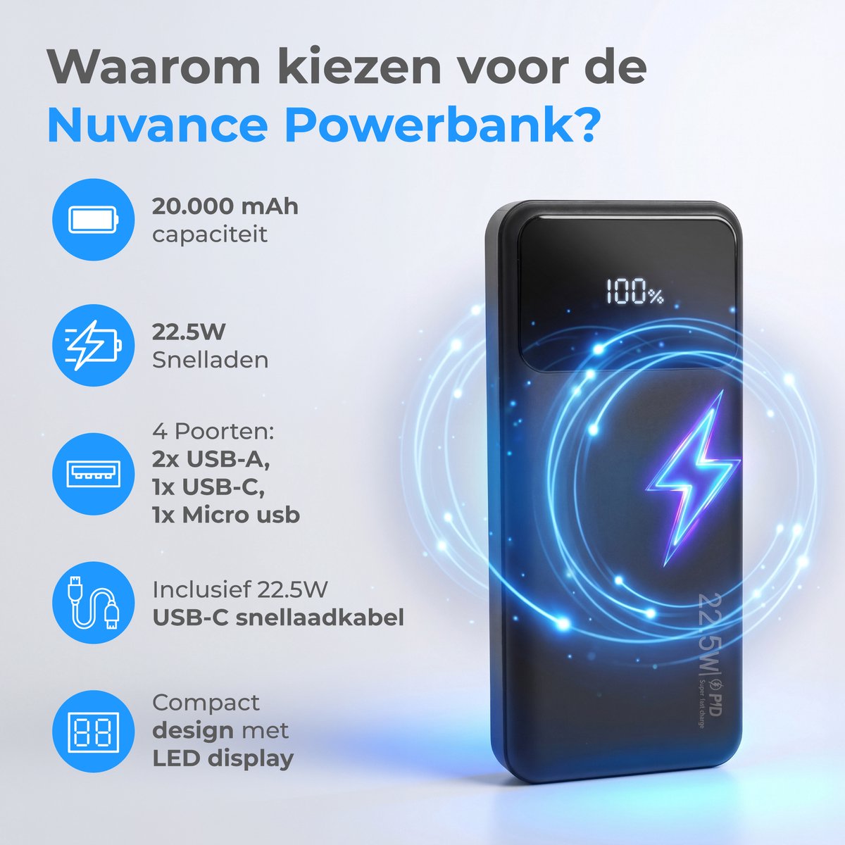 Nuvance Powerbank 20000 mAh 22.5W Zwart - afbeelding 2