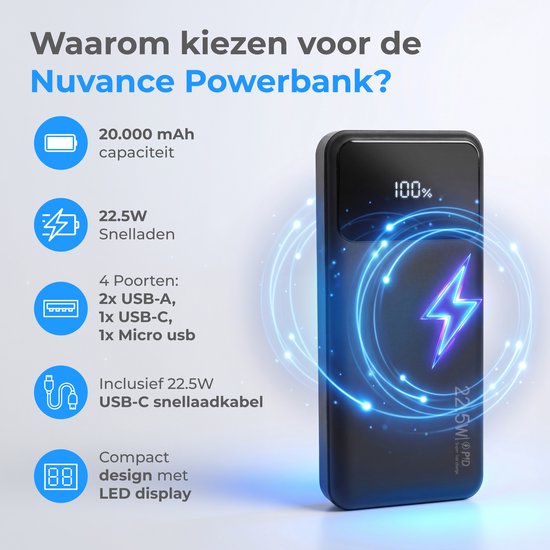 Zwarte Nuvance powerbank met 20.000 mAh capaciteit, 22.5W snelladen, 4 poorten en LED display.