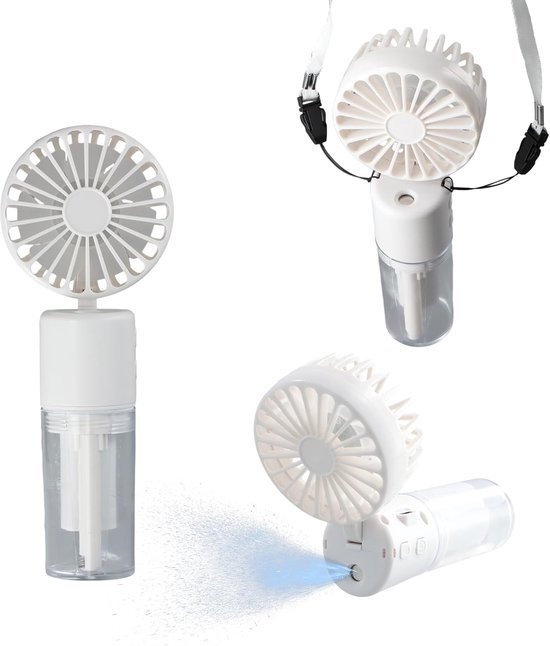 Draagbare stille handventilator met waterverstuiver, 4 snelheden, oplaadbaar, 180° verstelbaar, 6-8 uur batterij