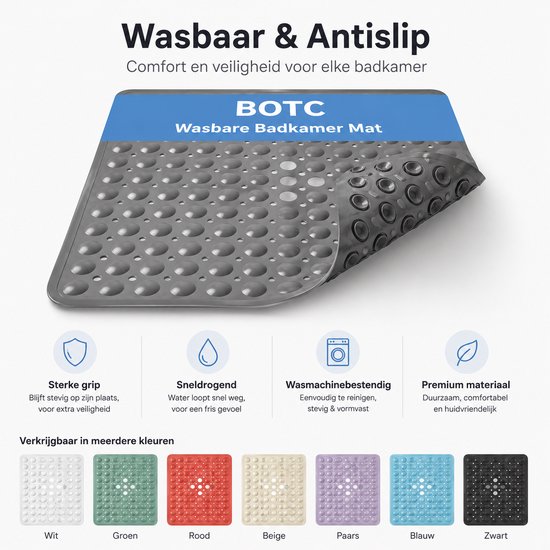 Grijze antislip douchemat met ronde noppen. Verkrijgbaar in wit, groen, rood, beige, paars, blauw en zwart.