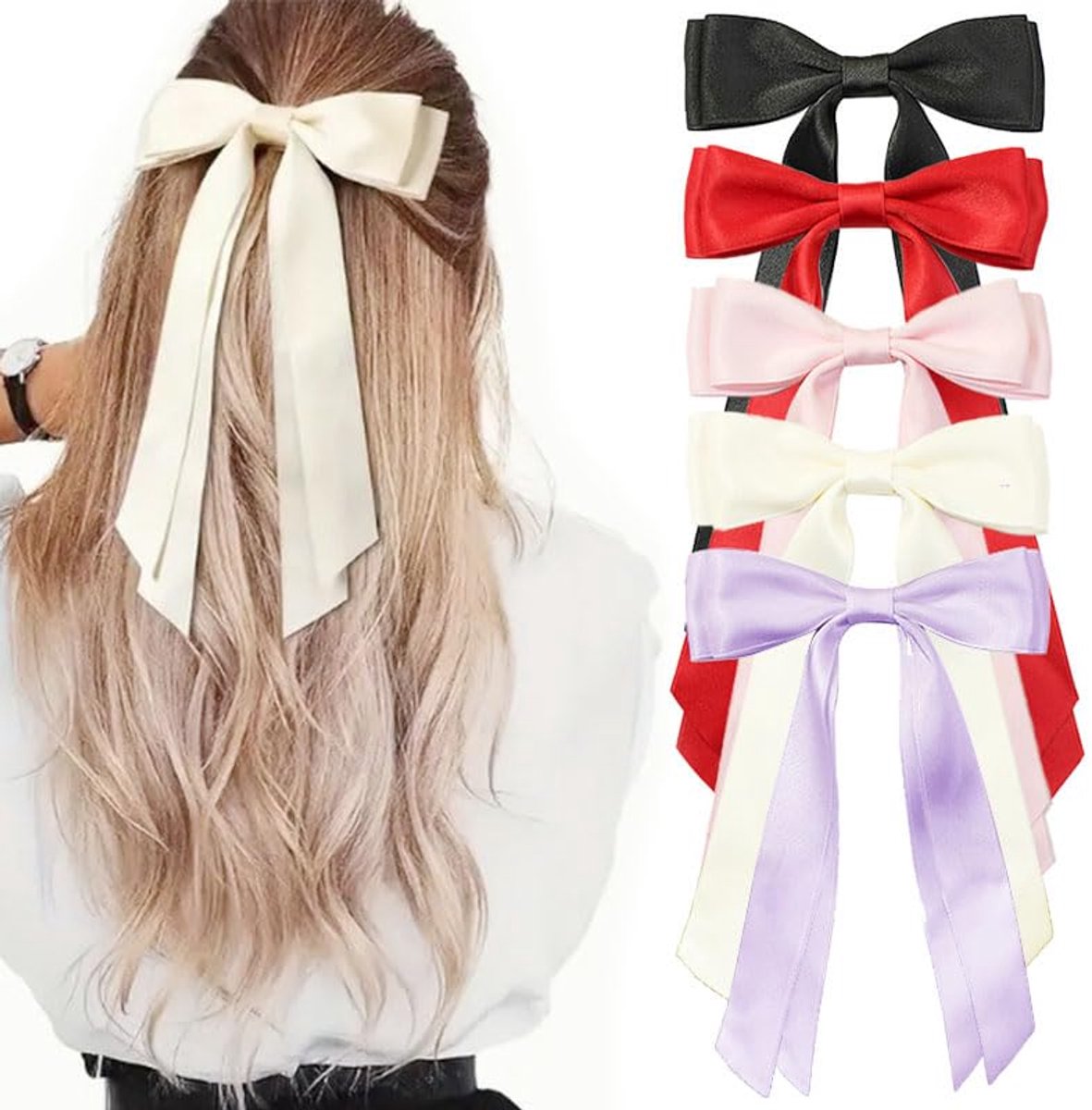 JeiibrZui Haaraccessoires - 5 Stuks Satijnen Strik Haarspelden met Metalen Klem - Klassieke Kleuren voor Dames en Meisjes - Elegant Haaraccessoire voor Feesten en Dagelijks Gebruik