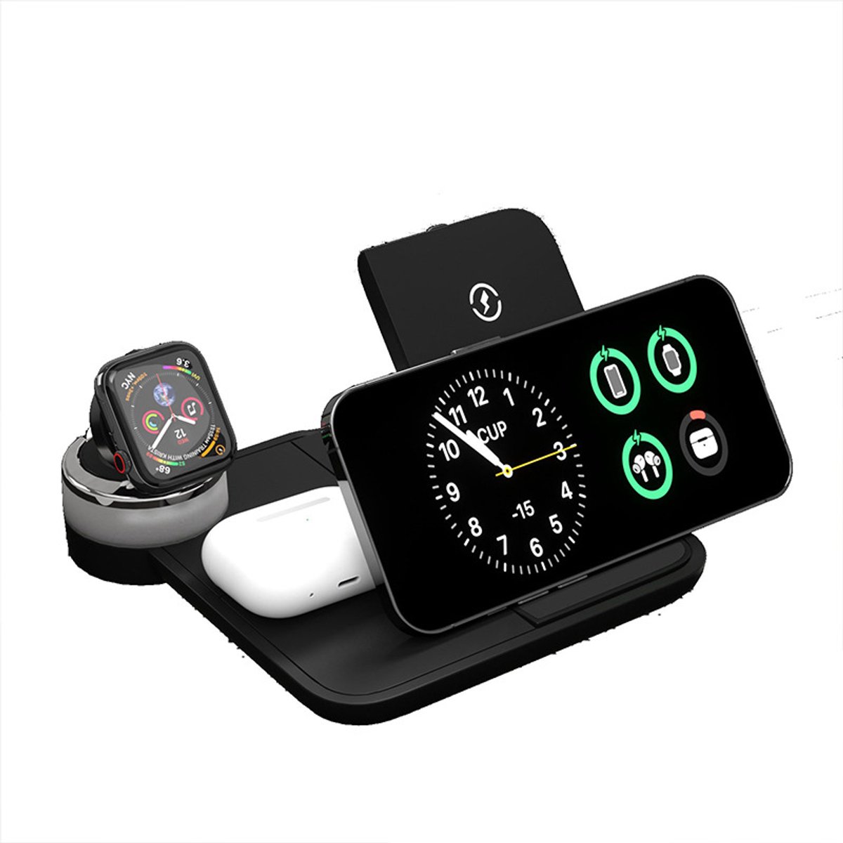 4-in-1Multifunctioneel draadloze oplader iphone-magsafe oplader- Opvouwbaar - Geschikt voor iPhone & Android Smartphones - Geschikt voor MagSafe iPhone, Apple Watch, AirPods - Android-Met LED-verlichting - horizontaal en verticaal opladen - zwart