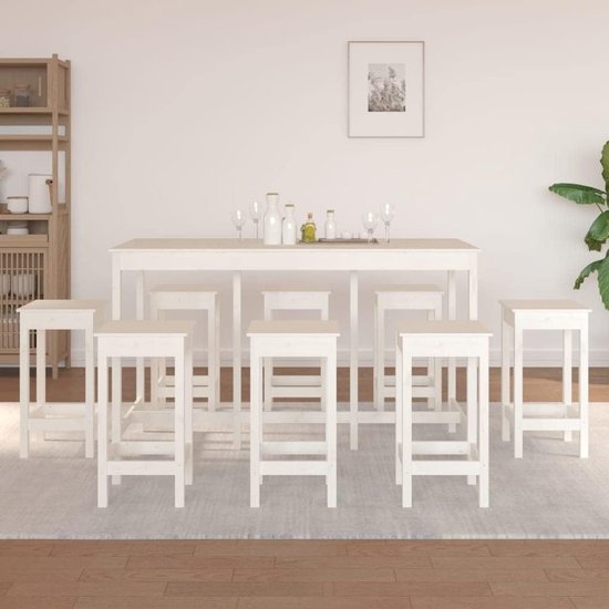 Ensemble de bar 9 pièces blanc en pin massif – Table de bar avec chaises et tabourets de bar pour cuisine, salon et salle à manger – Grand ensemble de salle à manger et de bar en bois 75,08 kg – Ensemble de bar Nordic White Living HomebyNicole