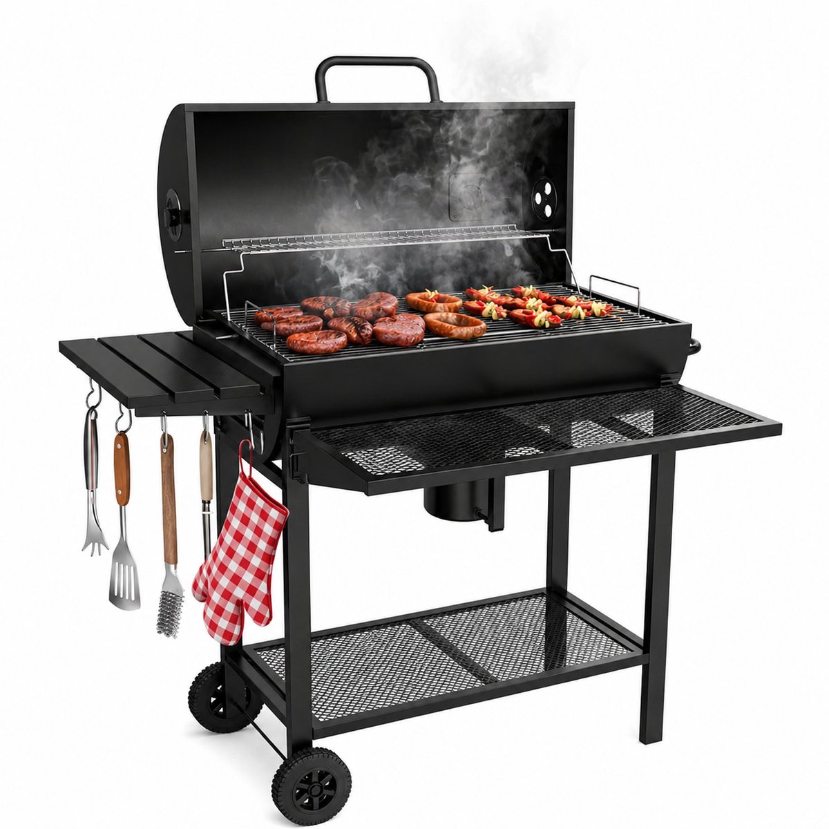 Houtskool BBQ - Smoker Barbecue XL - BBQ met Wielen - 70x37cm Grilloppervlak - Zijpanelen - Zwart – foto 3