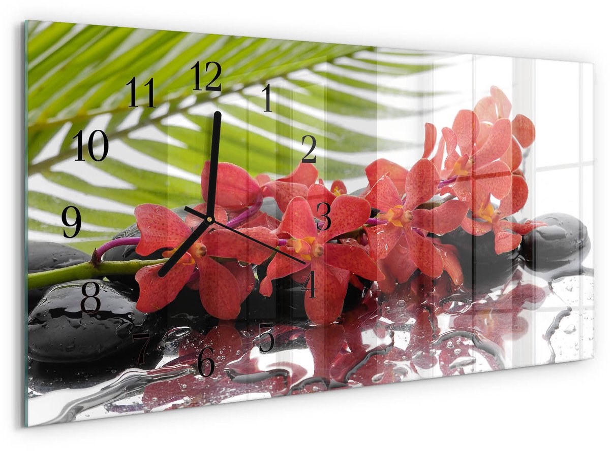 TULUP Wandklok - Bloemen en stenen Wandklok Glas Decoratie - 60x30 cm - Rood Gekleurde Glazen Klok - Zwarte Handen - Rechthoekige Wandklok - Wandklok Glas Decoratie - Gekleurde Glazen Klok Rood - Bloemen en stenen