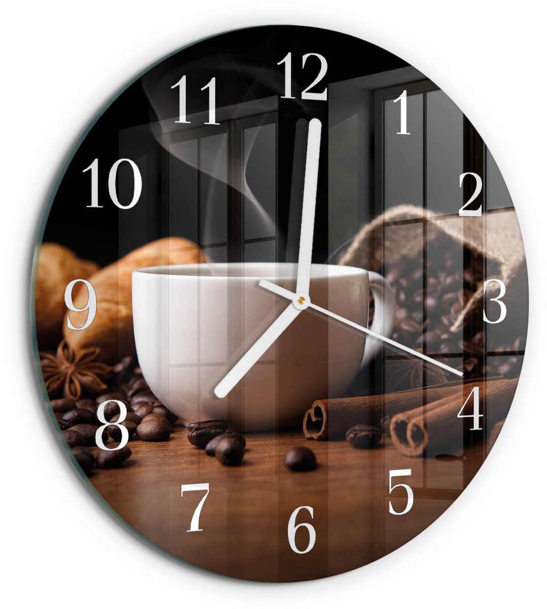 TULUP Wandklok - Koffie Gekleurde Glazen Klok - 30fi cm - Bruin Glazen Klok Met Print - Witte Handen - Ronde Wandklok - Moderne Wandklok Glas - Wandklok Glas Decoratie Bruin - Koffie