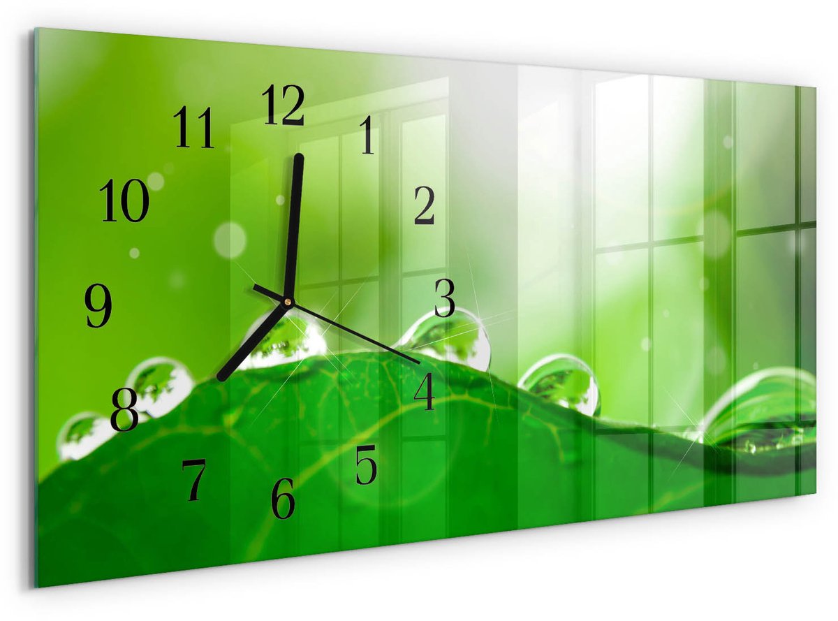 TULUP Wandklok - Dauw op een blad Moderne Wandklok Glas - 60x30 cm - Groente Wandklok Glas Decoratie - Zwarte Handen - Rechthoekige Wandklok - Glazen Wandklok Design - Klok Glas Met Opdruk Groente - Dauw op een blad