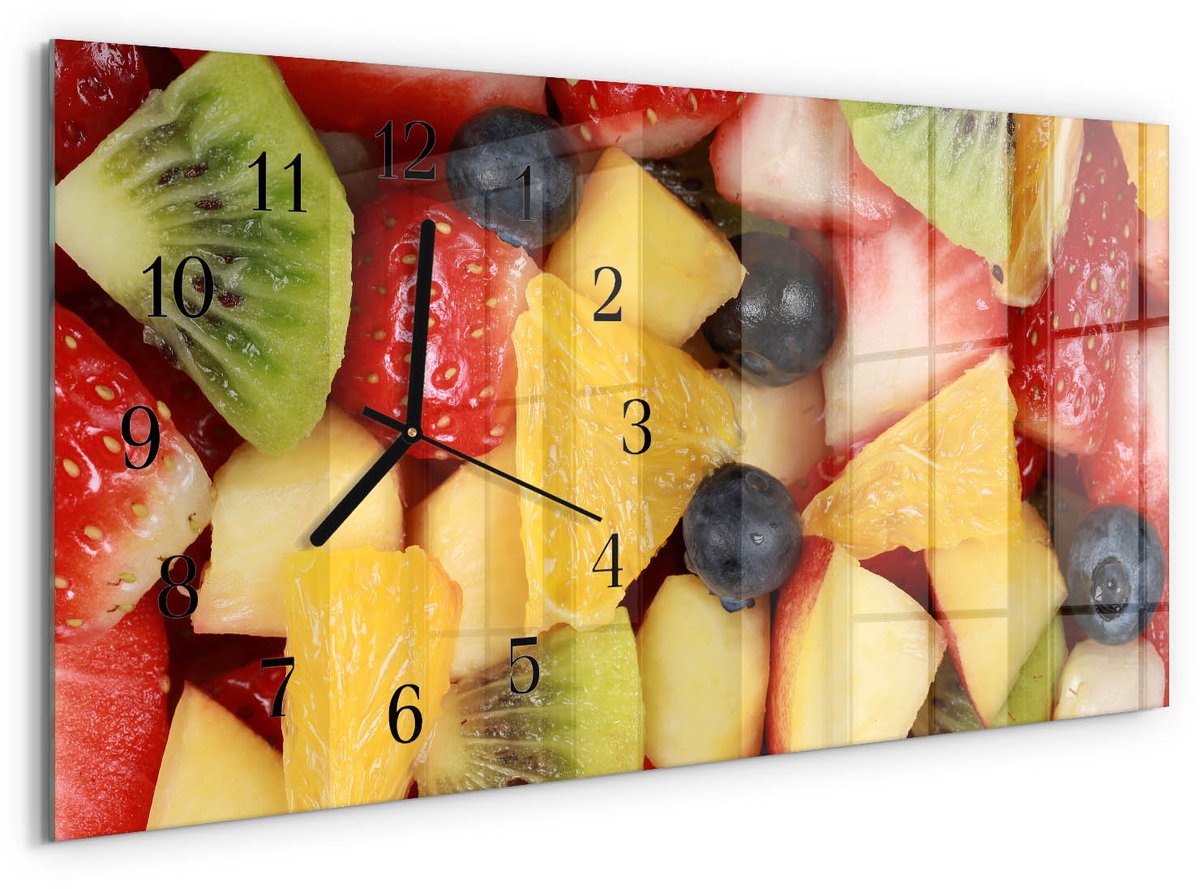 TULUP Wandklok - Fruitsalade Glazen Wandklok Design - 60x30 cm - Veelkleurig Klok Glas Met Opdruk - Zwarte Handen - Rechthoekige Wandklok - Gekleurde Glazen Klok - Glazen Klok Met Print Veelkleurig - Fruitsalade