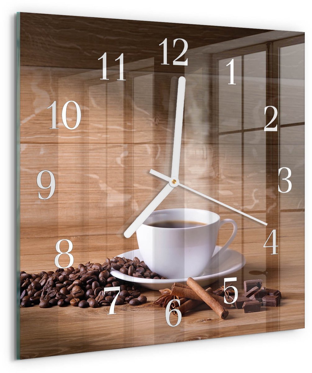 Tulup Wandklok - Koffie Wandklok Glas Met Motief - 30x30 cm - Bruin Decoratieve Glazen Klok - Witte Handen - Vierkante Wandklok - Moderne Wandklok Glas - Wandklok Glas Decoratie