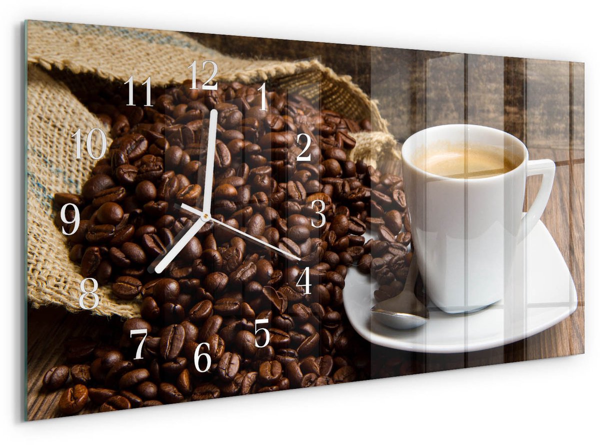 TULUP Wandklok - Koffie Wandklok Glas Met Motief - 60x30 cm - Bruin Decoratieve Glazen Klok - Witte Handen - Rechthoekige Wandklok - Wandklok Glas Decoratie - Gekleurde Glazen Klok Bruin - Koffie