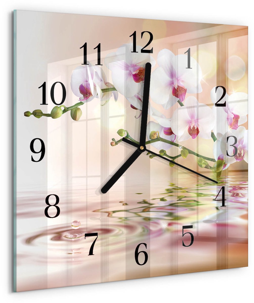 TULUP Wandklok - Orchidee Wandklok Glas Met Motief - 30x30 cm - Veelkleurig Decoratieve Glazen Klok - Zwarte Handen - Vierkante Wandklok - Decoratieve Glazen Klok - Glazen Wandklok Design Veelkleurig - Orchidee